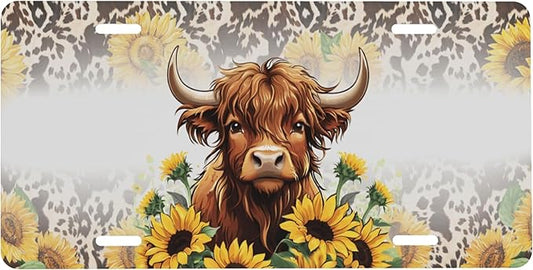 Front License Plate Highland Cattle Sunflower Vanity Plates Aluminum Metal Decorative Car Tag Brown Cow Print Novelty License Plate Cover for Men Women 6 * 12 in (4 Holes)