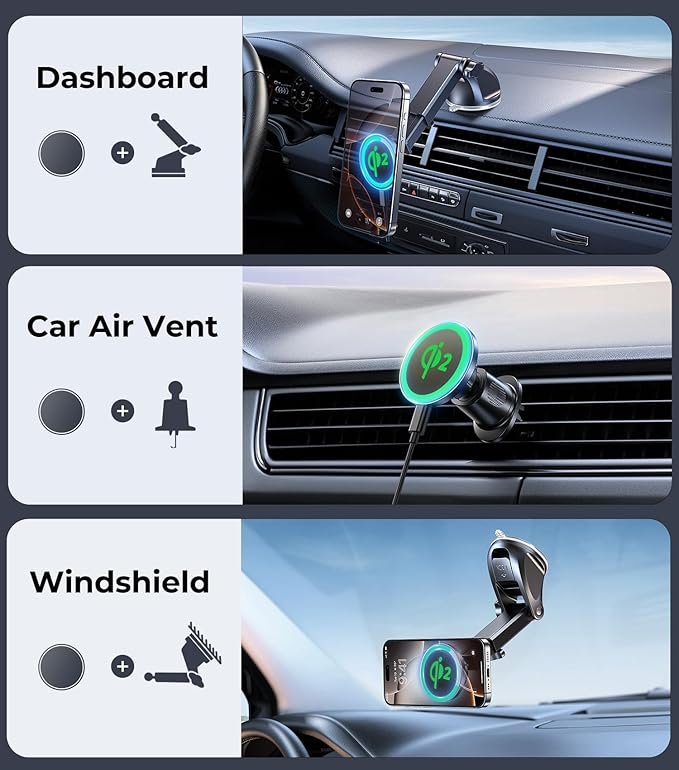 【Qi2 Certified・90LBS Vacuum Magnetic Suction】15W Fast Wireless Car Charger Mount for Magsafe, 360° Adjustable Arm, Dashboard/Windshield/Vent Phone Holder+Cable Organaizer for iPhone 16/15/14 Pro Max