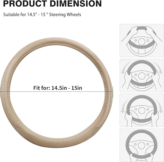 【2025 Model】 Premium Nappa Leather Car Steering Wheel Cover for Men Women, Non-Slip, Breathable, Universal 15 inches Steering Wheels, Beige
