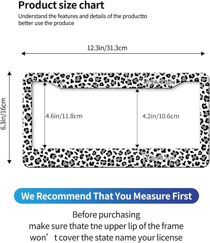 MIOAOSRT Leopard License Plate Frame Black White Gray Leopard License Plate Cover Car Tag Holder Metal License Plate Frame Fits Standard U.S.Vehicles 12x6 Inch