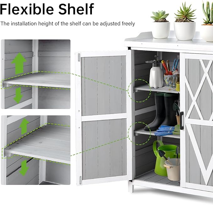 Outdoor Cabinet with Metal Tabletop Garden Potting Bench Table - Outdoor Garden Patio Wooden Storage Cabinet with Adjustable Shelf, Wooden Storage Cabinets, Weatherproof for Garden Patio Lawn