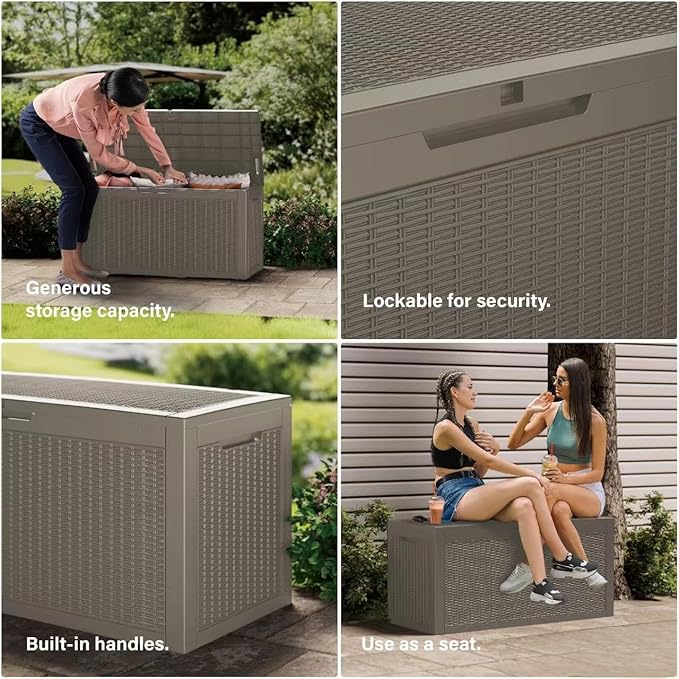 100 Gallon Lockable Resin Deck Box, Waterproof Outdoor Storage Box for Patio Furniture, Garden Tools, Pool Accessories, UV-Resistant Outside Delivery Grey