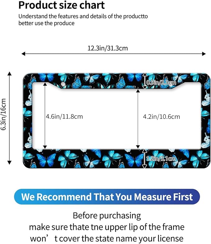 MIOAOSRT Watercolor Butterflies License Plate Frame Beautiful Blue Butterflies License Plate Cover Car Tag Holder Metal License Plate Frame Fits Standard U.S.Vehicles 12x6 Inch