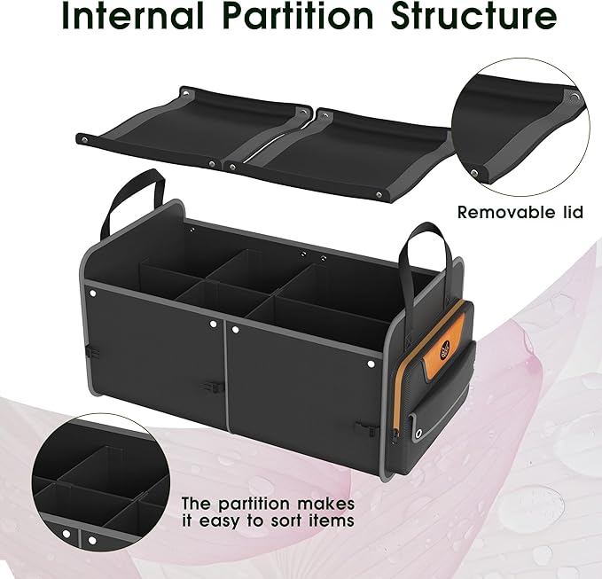 Foldable Waterproof Car Organizer with Non-Slip Traction Rope, 23.2”x13.8”x11.8” Heavy-Duty Trunk Organizer for SUV, Car Essentials List, Portable Vehicle Organizer,BLACK-M003