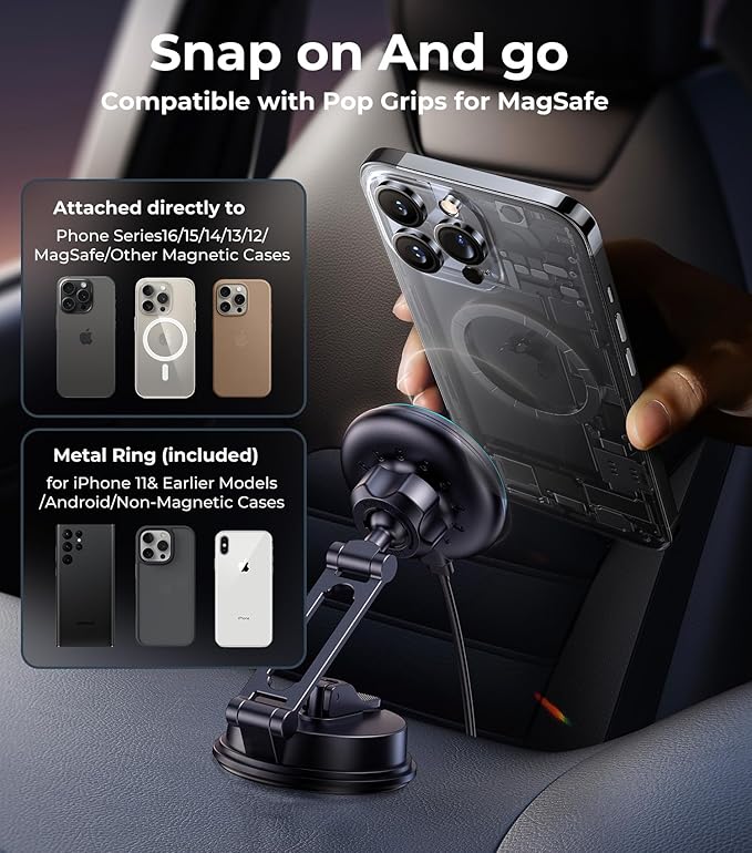 【Vacuum Suction Folding Car Mount】 Certified Qi2 Charger for MagSafe, 360° Adjustable Aluminum Alloy Arm, Phone Holder for Tesla/Car Rental/Gym/Mirror/Shower/Smooth Surface iPhone 16/15 Pro Max