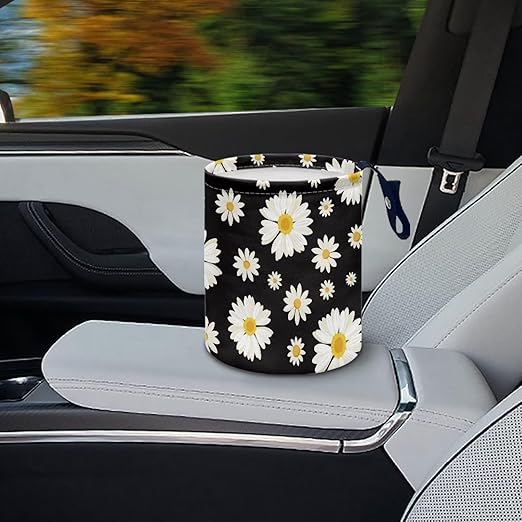 Cute Daisy Print Portable Car Garbage Bin Reusable Collapsible Hanging Portable Dustbin Bin Waste Basket Car Accessories Interior for Car SUV Trucks Universal