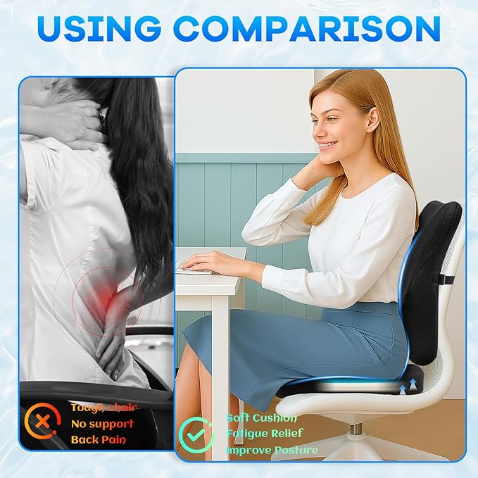 Gel-Infused Seat Cushion & Memory Foam Lumbar Pillow Set,Non-Slip Bottom,Breathable Mesh Cover,Portable Handle - Ergonomic Support for Office Chair Cushion, Car Seat Cushion and Wheelchair,Black