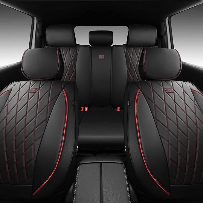 CAR PASS Nappa Leather Car Seat Covers Full Set, Luxury Seat Protector for Cars, Waterproof Anti-Slip Seat Cushion Airbag Compatible Fit for Most Cars Vehicles SUV Trucks, Airbag Compatible, Black Red