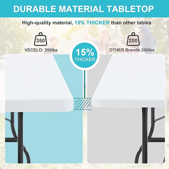 VECELO 6Ft Folding Table,Indoor Outdoor Portable Picnic Plastic Table with Mesh Trash Bag,Heavy Duty Foldable Camp Desk with Handle Legs for Dining Wedding&Party,Pearl White