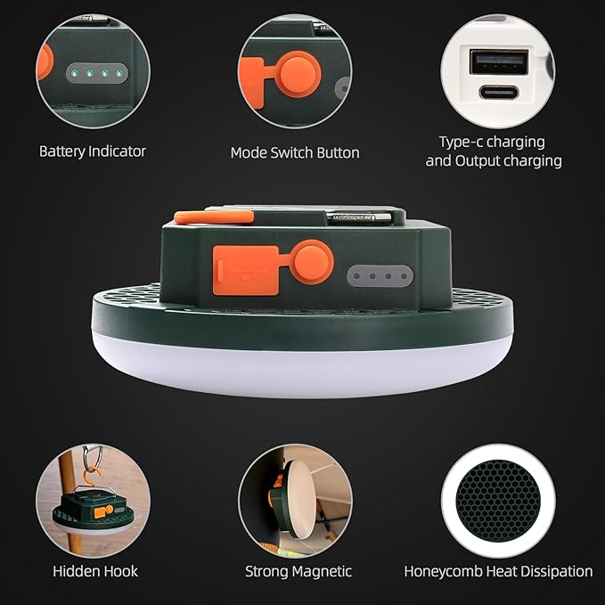 Tent Light Hanging for Camping,Bright LED Rechargeable Portable Lantern for Vendor Booths,Waterproof Outdoor Lights with Battery Power, Camp Lamp Light with Magnet for Outdoor Glamping(Green)