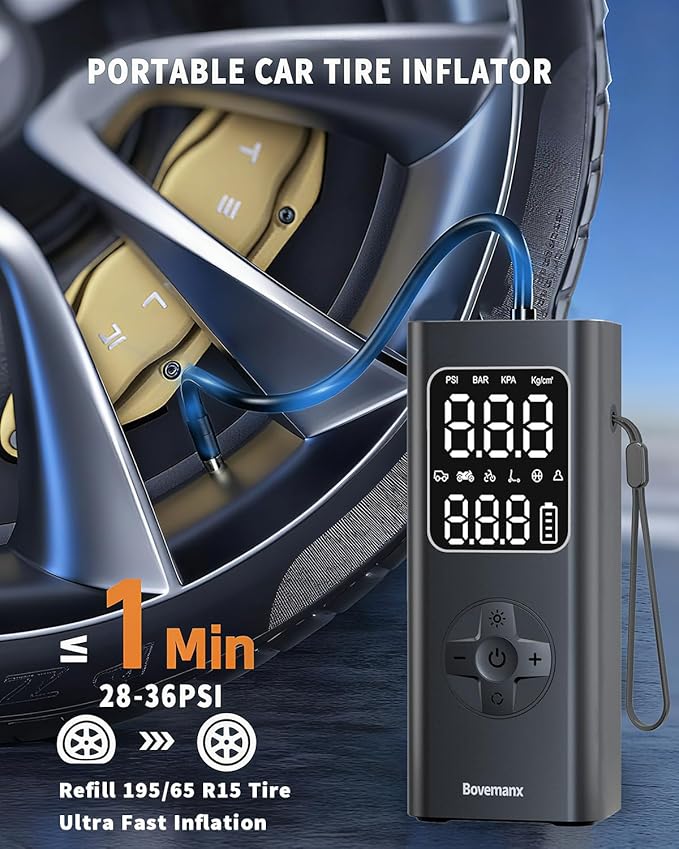 Car Tire Air Pump Portable Air Compressor, 150 PSI Cordless Tire Inflator Battery for Inflating/Charging with 12V DC Cord, Digital Gauge, Led Light for Car, Motorcycle, Bike, Balls and More (Black)
