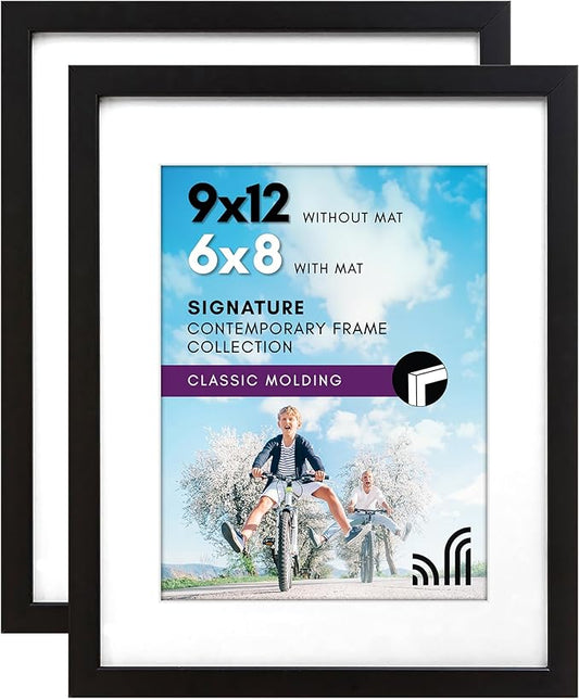 Americanflat 9x12 Picture Frame in Black - Displays 6x8 With Mat and 9x12 Without Mat - Composite Wood with Shatter Resistant Glass - Horizontal and Vertical Formats for Wall (2-Pack)