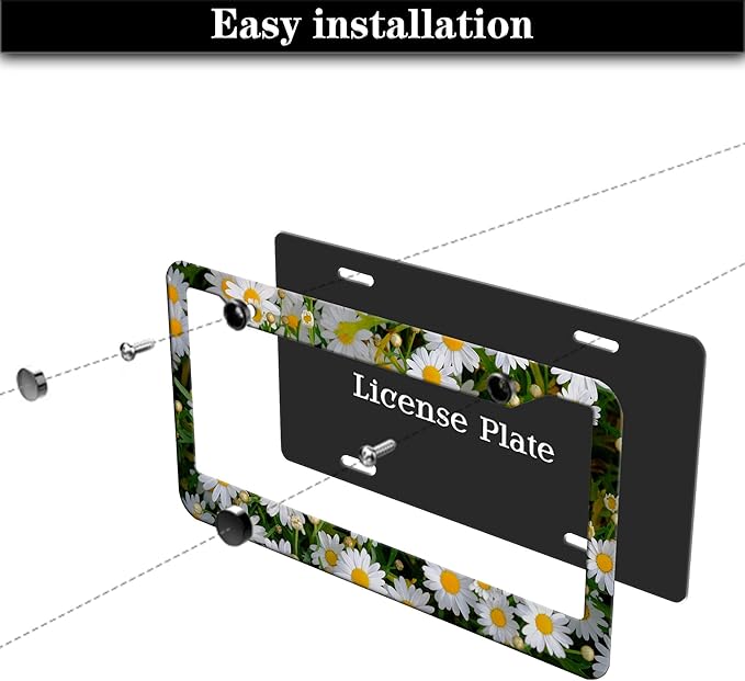 Fun License Plate Frame Cover Multicolor License Plate Frames Daisy Flower Universal Aluminum Car Accessory 2 Pack with Screw Covers Set