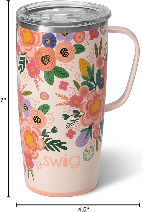 Swig Life 22oz Travel Mug, Insulated Tumbler with Handle and Lid, Cup Holder Friendly, Dishwasher Safe, Lightweight Stainless Steel Floral Mug, Flower Tumbler, Mothers Day Gifts for Mom (Full Bloom)