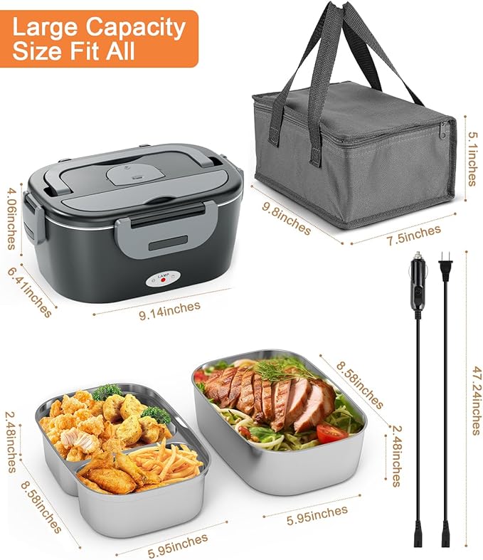Electric Lunch Box for Men, Women & Adults - 80W Fast Heating - Heated Lunch Box with Dual 1.5L SS Containers - Portable Food Warmer for Car, Truck, Office