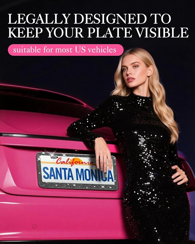 AUJEN Bling License Plate Frame for Women, Stainless Steel Cute Car Accessories, Lasting Sparkly License Plate Holder with Diamond Rhinestone Crystals, 2 Pack Gift Box Set, Pink & Black, 12.2" x 6.2"