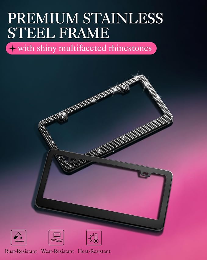 AUJEN Bling License Plate Frame for Women, Stainless Steel Cute Car Accessories, Lasting Sparkly License Plate Holder with Diamond Rhinestone Crystals, 2 Pack Gift Box Set, Pink & Black, 12.2" x 6.2"