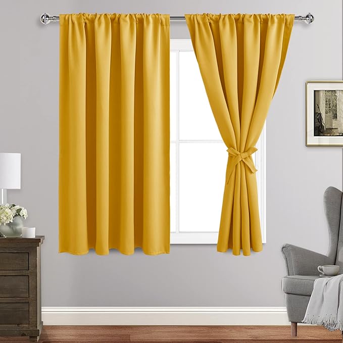 JIUZHEN Blackout Curtains for Bedroom - Thermal Insulated Room Darkening Noise Reducing, 52 x 45 Inch Length Curtains for Living Room, Set of 2 Panels with Tiebacks, Mustard Yellow