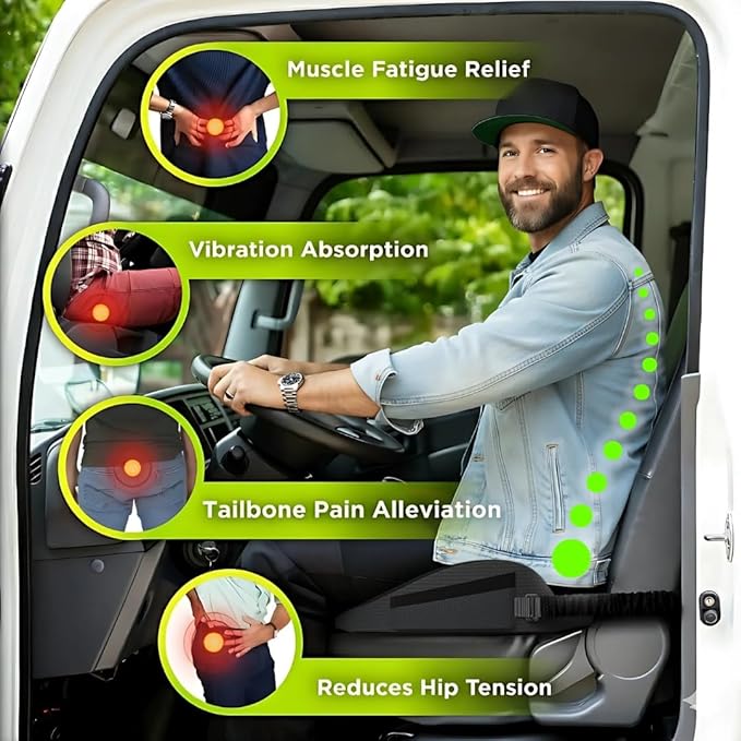 Large Truck Seat Cushion for Truck Driver Seat Cushion - Upgraded Back Support, CertiPUR-USยฎ Certified - Thick Memory Foam, Pain Relief for Hours of Driving, Trucker Approved Big Rig - Black