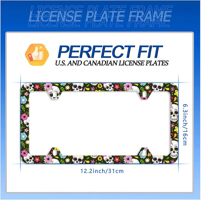 Sugar Skull License Plate Frame Skull and Flowers License Plate Stainless Steel Auto Parts Funny License Plate Decorative with Screws Size 12.3" x 6.3" for Women Men
