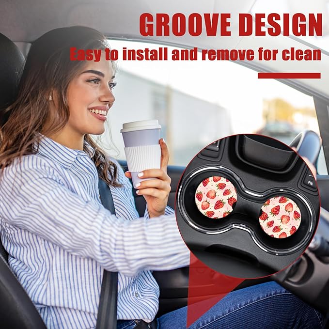 Cute Strawberry Car Coasters for Cup Holders, Absorbent Ceramic Car Coaster Car Cup Holder Coaster Car Accessories for Women Men (2 Pack)