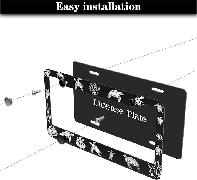 Automotive Exterior Accessories Black and White License Plate Frames Turtle Aluminum Metal Car Accessory 2 Pack with Screw Covers Set