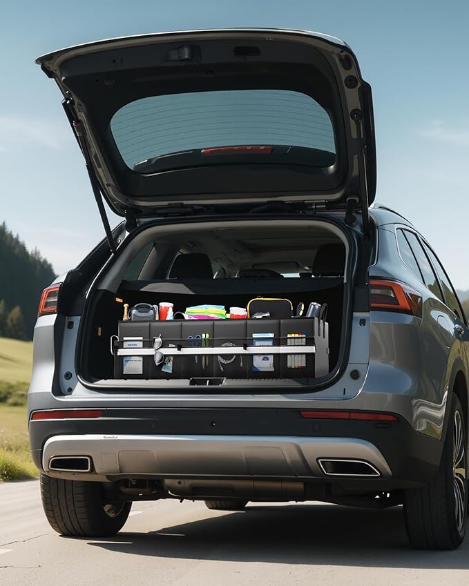 HOTOR Trunk Organizer - Car Organizer with Built-In Leakproof Car Cooler, Collapsible Trunk Organizer with Cooler for SUV, Sedan, with Base Panel (3 Compartments, Black),31.9"×12.6"×10.6"