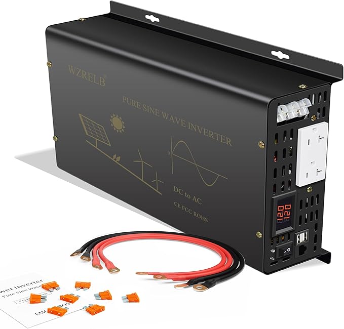 3000Watt Pure Sine Wave Power Inverter 12VDC to 120VAC 6000W Peak Built-in Soft Starter Dual AC Outlets 2× 2.4A USB Port &Hardwire Terminal Off-Grid Solar Converter RV Trucks (U5-300012)