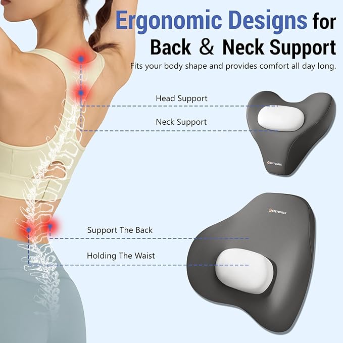 Car Lumbar Support Pillow and Neck Pillow kit for Back & Neck Pain Relief Ergonomic Memory Foam Car Seat Headrest & Lumbar Cushion with Adjustable Strap for Driving Seat/Office Chair Grey