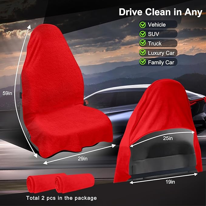 Car Seat Towel Cover, Universal Front Seat Protector for Cars, SUVs and Trucks, Sweat Towel Car Seat Cover for Gym, Yoga, Swimming, Pets and Family Travel, Haute Red, 2 Pack