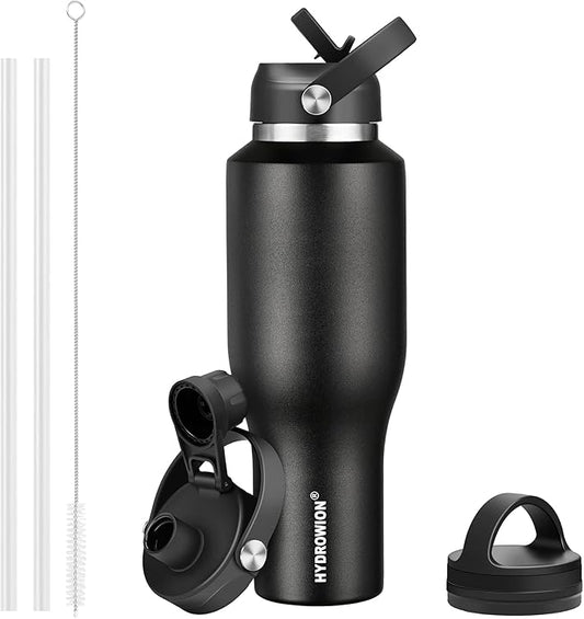 HYDROWION 40 oz Insulated Water Bottle with Straw fit in Car Cup Holder(Cold 48 hrs, Hot 24 hrs) Drinking Bottle with Straw Lid, Spout Lid and Flex Cap Leakproof Travel Thermo Mug,Black