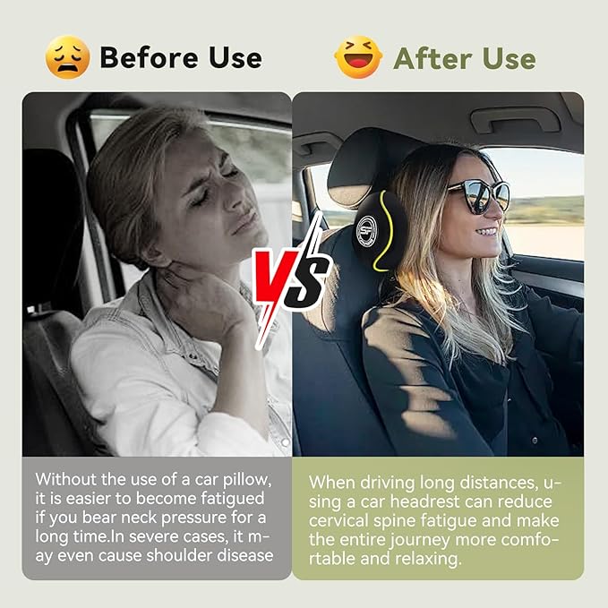 Really Chic Car Headrest Pillow, Car Pillow for Driving with Adjustable Strap, 100% Memory Foam Neck Pillow, Ergonomic Design - 2 Pack Car Neck Pillow(Includes 2 Eye Masks, Yellow Side Rope)