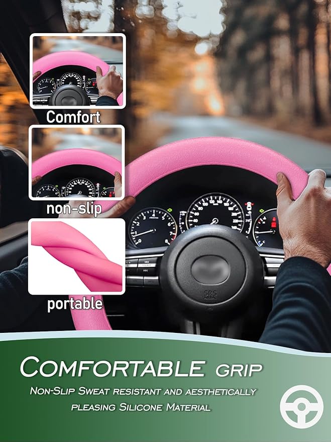 LRITER Car Steering Wheel Cover, Non-Slip Silicone Material, Multiple Color Choices, Universal Auto Parts Steering Wheel Cover, Suitable for Most Cars (Pink)