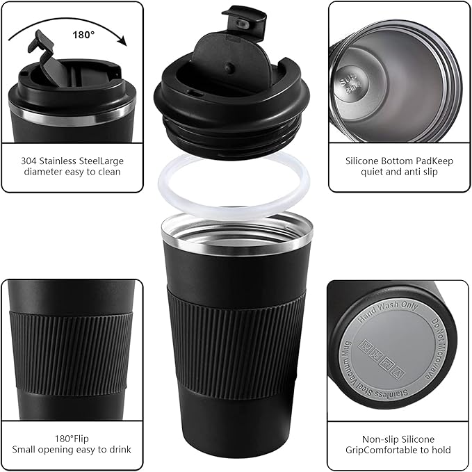 YINBAOGE Insulated Travel Coffee Mug, Spill & Leak Proof, Portable To Go Camping Stainless Steel Coffee Tumbler, Reusable Thermal Coffee Cup with Lid for Hot & Cold Drinks (Black, 17 OZ)