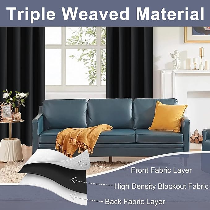 JIUZHEN Blackout Curtains for Bedroom - Thermal Insulated Room Darkening Rod Pocket Curtains for Living Room, Set of 2 Panels with Tiebacks, 38 x 72 Inch Length, Black