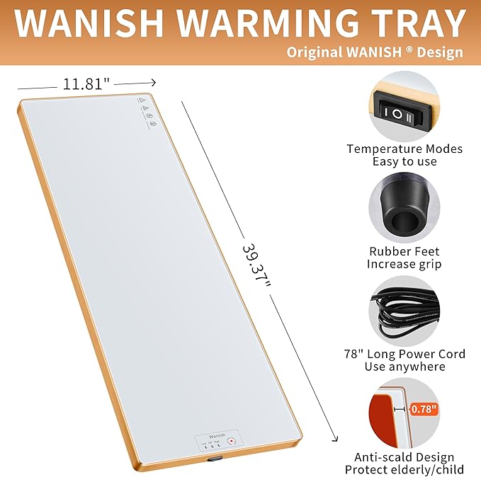 Electric Warming Tray (Extra Long 40"x12"),Food Warmers for Parties Buffet with Thermostat & Full Surface Heating, Tempered Glass Warming Mat for Food, Temperature Adjustable Food Warming Mat, White