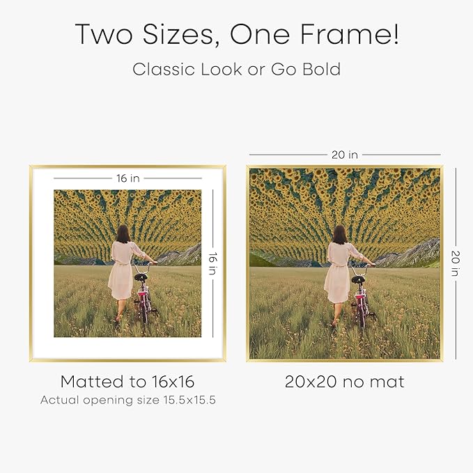 Homeforia 20x20 Picture Frame Gold, High End Metal 20 x 20 Square Poster Frame with Mat 16 x 16 Photo, 20x20 Frame Matted to 16x16 Print, 20by20 Gold Hanging Frames, Tempered Glass, Wall Kit, Set of 4