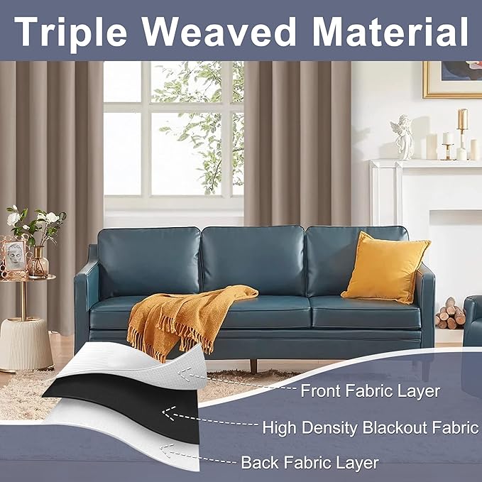 JIUZHEN Blackout Curtains for Bedroom - Thermal Insulated Room Darkening Noise Reducing, 60 x 96 Inch Length Curtains for Living Room, Set of 2 Panels with Tiebacks, Camel