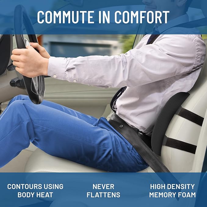 Everlasting Comfort Lumbar Support Cushion for Car Seat - Memory Foam Back Cover for Car - Lumbar Support Promotes Better Posture, Back Pain Relief - Ideal for Driving