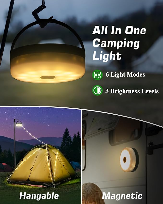 Camping String Lights 4 in 1, Anpro 32.8 Ft String with Warm White 130 LEDs, USB Rechargeable with Remote Control, Adjustable Brightness, 6 Light Modes, Portable Camping Light for Outdoor, Decoration