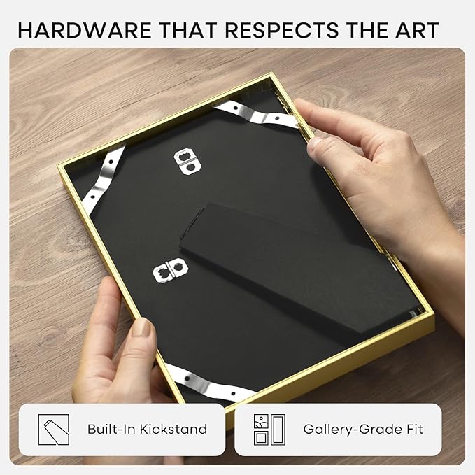 Homeforia 8.5 by 11 Picture Frame Gold, High End Metal 8.5x11 Poster Frames with Mat 6x8 Photo, 8.5 x 11 Frame Matted to 6 x 8 Print, 8.5by11 Wall or Tabletop Frame, Tempered Glass, Wall Kit, Set of 3