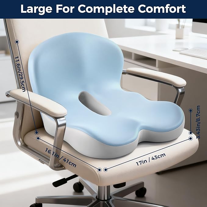 Seat Cushion, Office Chair Cushions for Lower Back Tailbone Protect, Seat Cushions for Office Chair with L-Shaped Ergonomic Design, Memory Foam Chair Cushion for Long Sitting Office Worker(Blue Grey)