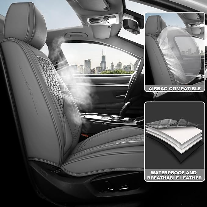 Premium Leather Car Seat Covers, Universal Fit for Cars SUVs Trucks and Sedans, Waterproof Car Seat Cushion with Airbag Compatible & Scratch-Resistant, Grey Seat Covers for 5 Seats
