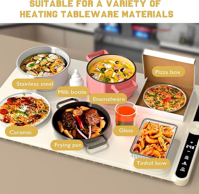 Smart Warming Mat for Food, Upgrade Waterproof Foldable Heating Mat, Food Warming Mat with 9 Level Adjustable Temperature and 6-Speed Timing, Easy to Clean Food Warmers for Buffet,Party,Thawin (Beige)