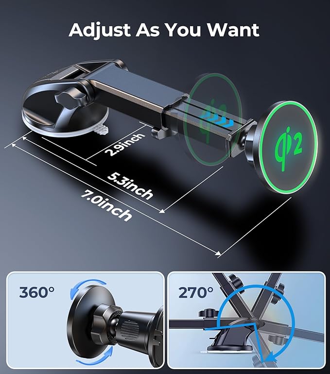 【Qi2 Certified・90LBS Vacuum Magnetic Suction】15W Fast Wireless Car Charger Mount for Magsafe, 360° Adjustable Arm, Dashboard/Windshield/Vent Phone Holder+Cable Organaizer for iPhone 16/15/14 Pro Max
