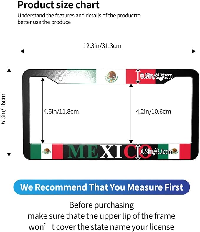 Mexican Flag License Plate Frames Personalized Flag Decoration Car Tags Aluminum Metal License Plate Covers Customized Mexican Flag License Plate Holders for Men and Women with Accessories 2 Holes