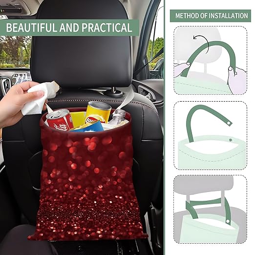 Cute Car Trash Can, Hanging Canvas Car Back Seat Organizer and Storage Bag, Funny Car Trash Bag for Travelling, Outdoor Red Glittering Pattern