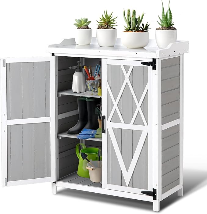 Outdoor Cabinet with Metal Tabletop Garden Potting Bench Table - Outdoor Garden Patio Wooden Storage Cabinet with Adjustable Shelf, Wooden Storage Cabinets, Weatherproof for Garden Patio Lawn