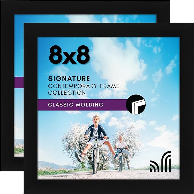Americanflat 8x8 Picture Frame with Shatter-Resistant Glass - Set of 2 - Use as 4x4 Frame with Mat or Display 8x8 Photo Without Mat - Signature Collection - Square Frames for Tabletop and Wall - Black