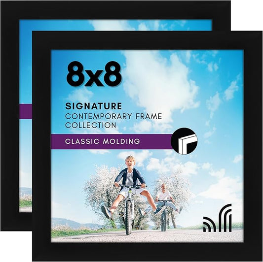 Americanflat 8x8 Picture Frame with Shatter-Resistant Glass - Set of 2 - Use as 4x4 Frame with Mat or Display 8x8 Photo Without Mat - Signature Collection - Square Frames for Tabletop and Wall - Black